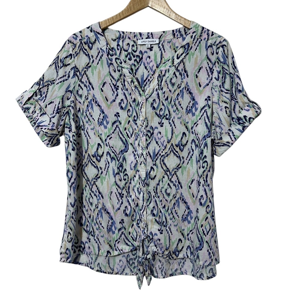 Emily Daniels Linen Blend Top Womens Size XL Button Up Tie Waist Abstract